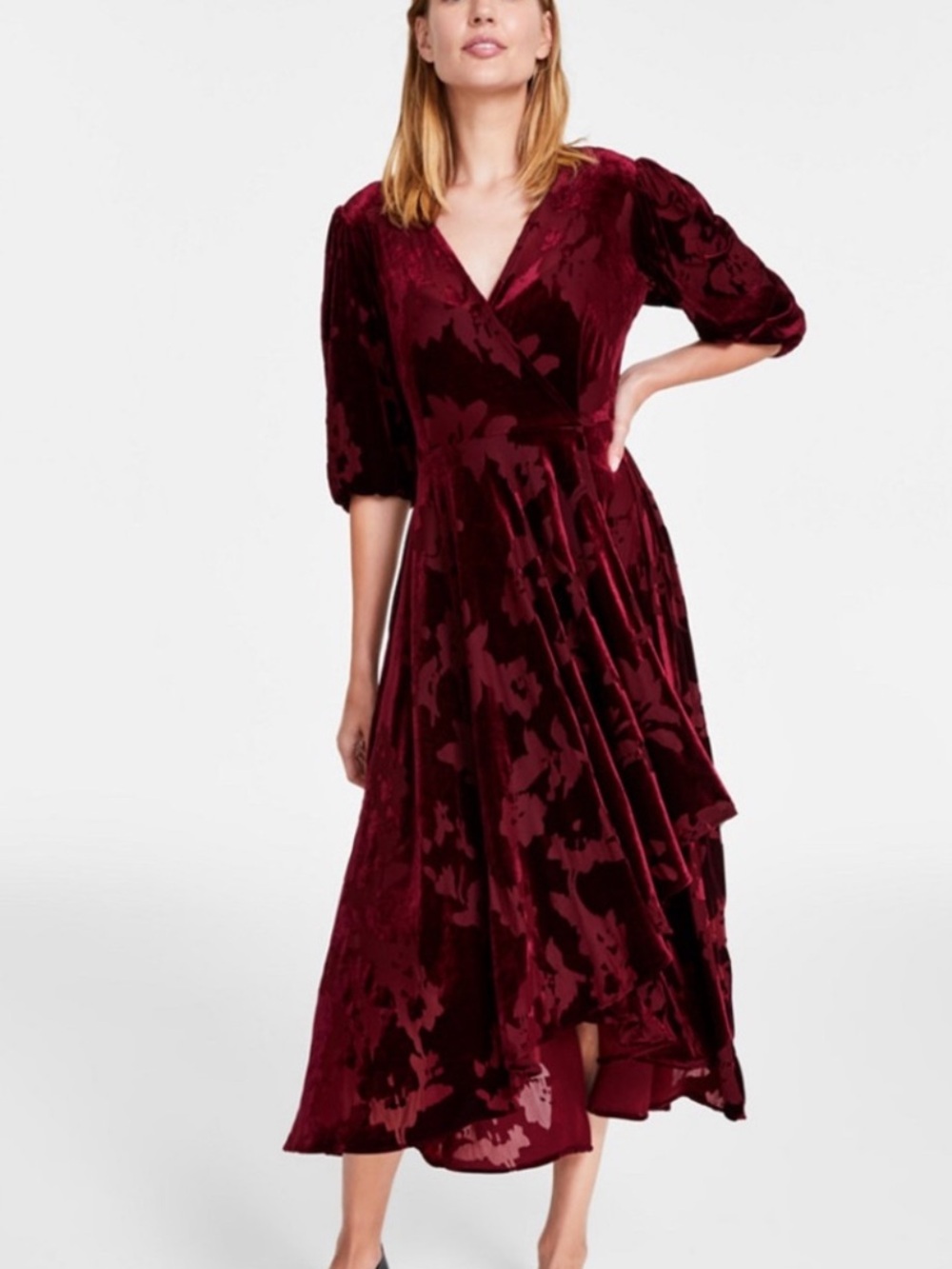 Calvin Klein Velvet Rosewood
Burnout Floral Faux Wrap Dress Sz 6